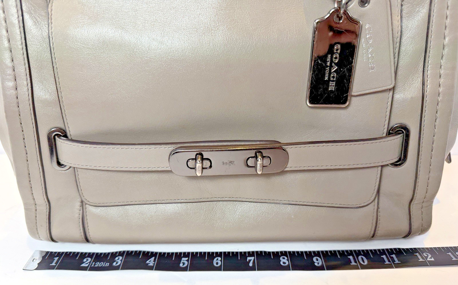 2015 COACH Taupe Grey Beige Leather SWAGGER FRAME SATCHEL Shoulder Purse #37182