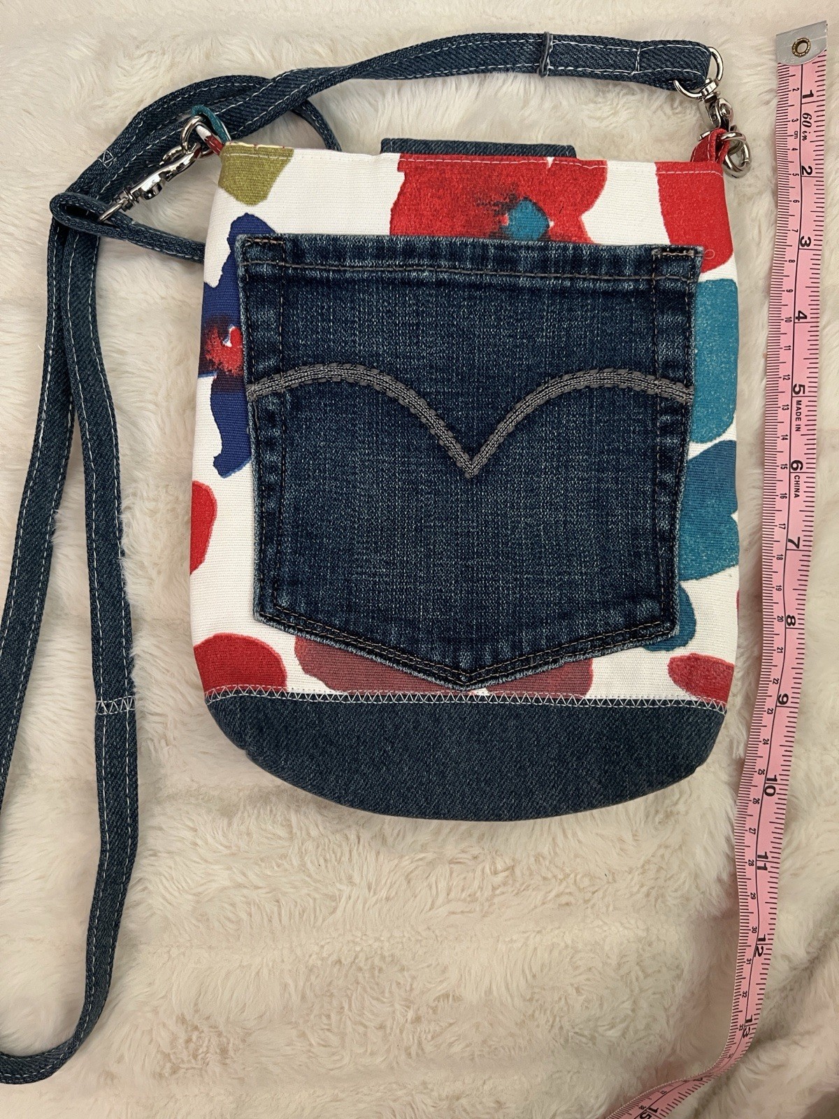 Handmade Upcycled Denim Crossbody Bag Floral Canvas Sanrio My Sweet Piano Lining