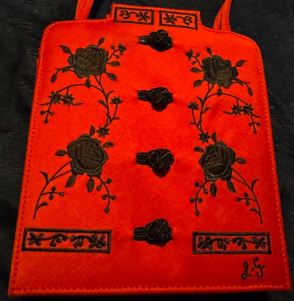 1996 Lulu Guinness Red Silk Chinese Mandarin Blouse Purse w/Frog Buttons, London