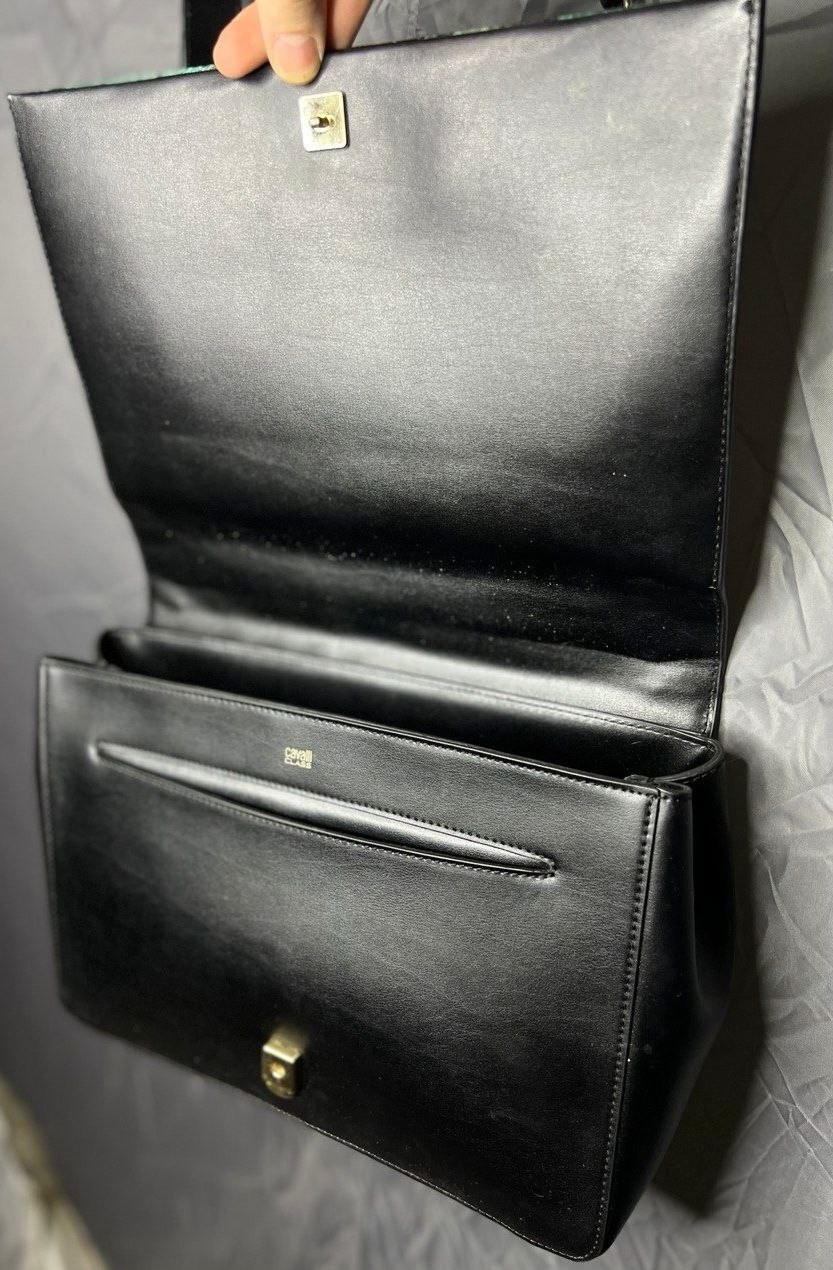 Roberto Cavalli Green Leather Shoulder Bag Gold Chain Snake Print Rare