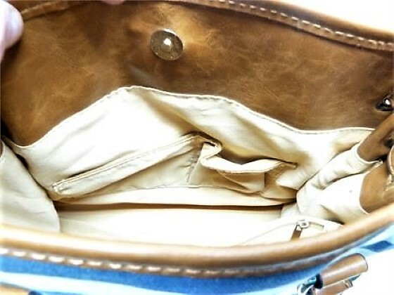 Navy Blue & Off-White Striped Canvas & Tan Leather Crossbody Handbag