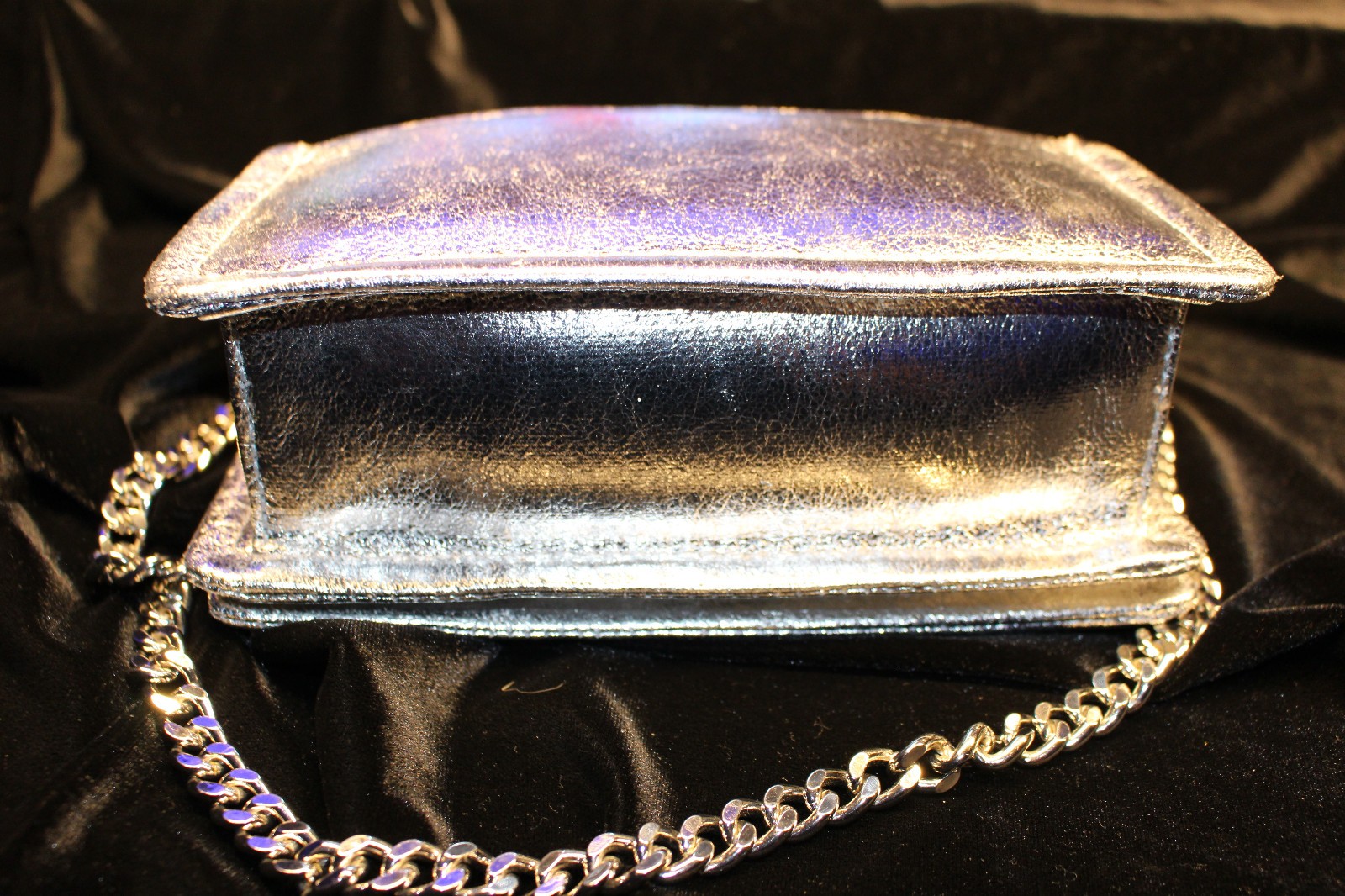 DKNY Silver Metallic Clutch Hand Bag with crossbody strap snap closure