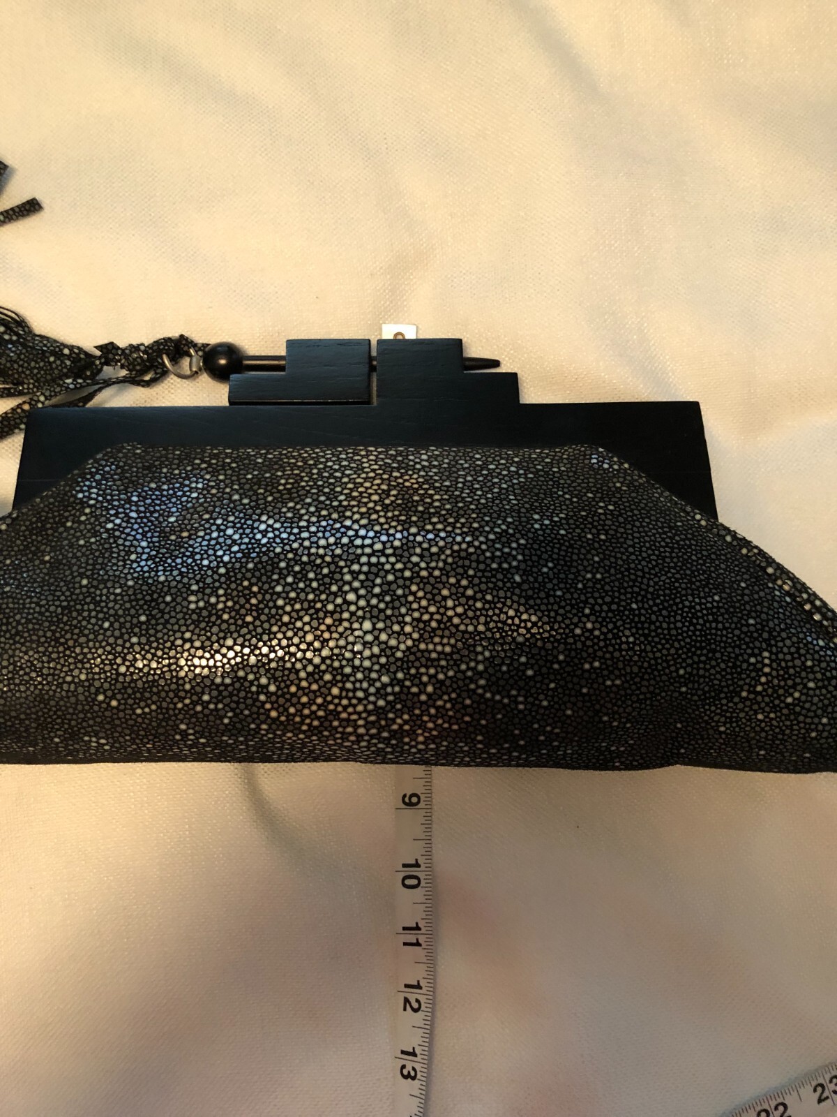 NWT Anthony Luciano Clutch Bag Black Leather w/Tassel and Wooden Handle