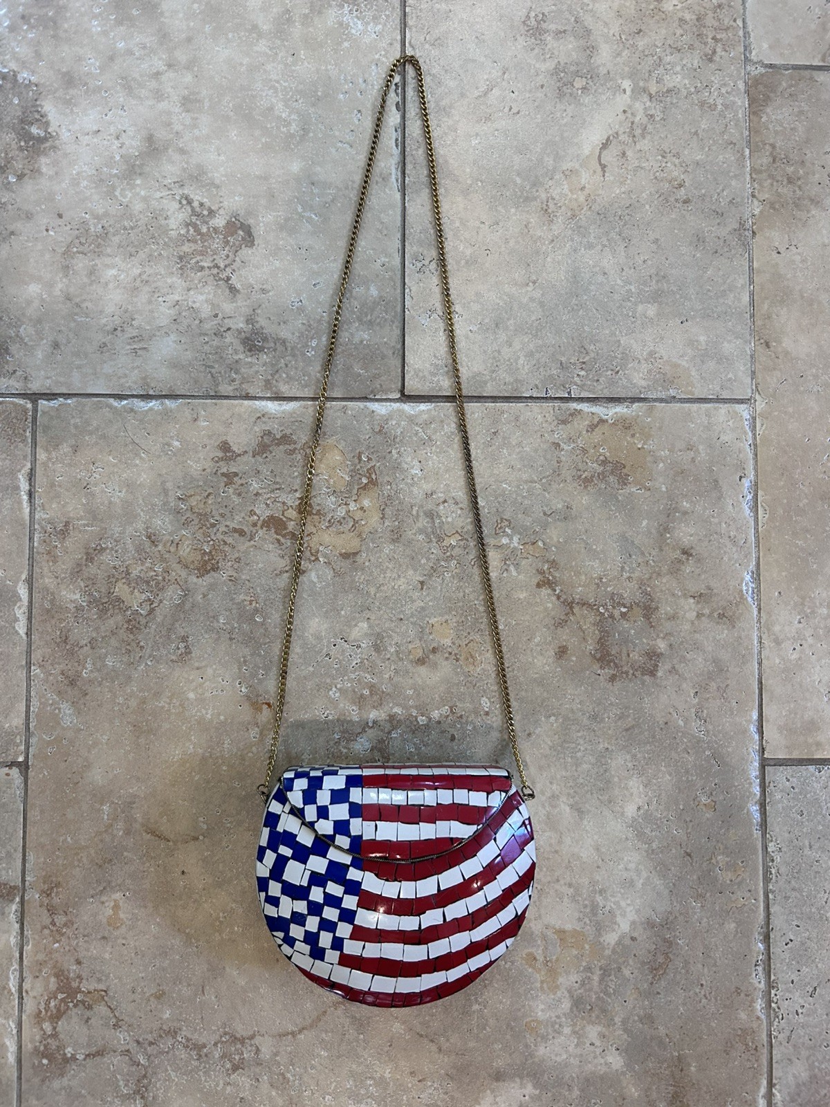 Mosaic Stone Chip Purse on Brass Metal Small American Flag Americana Patriotic