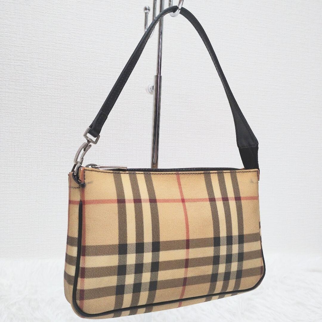 Burberry Nova Check PVC Shoulder Bag Beige Leather Strap Zip Handbag Women