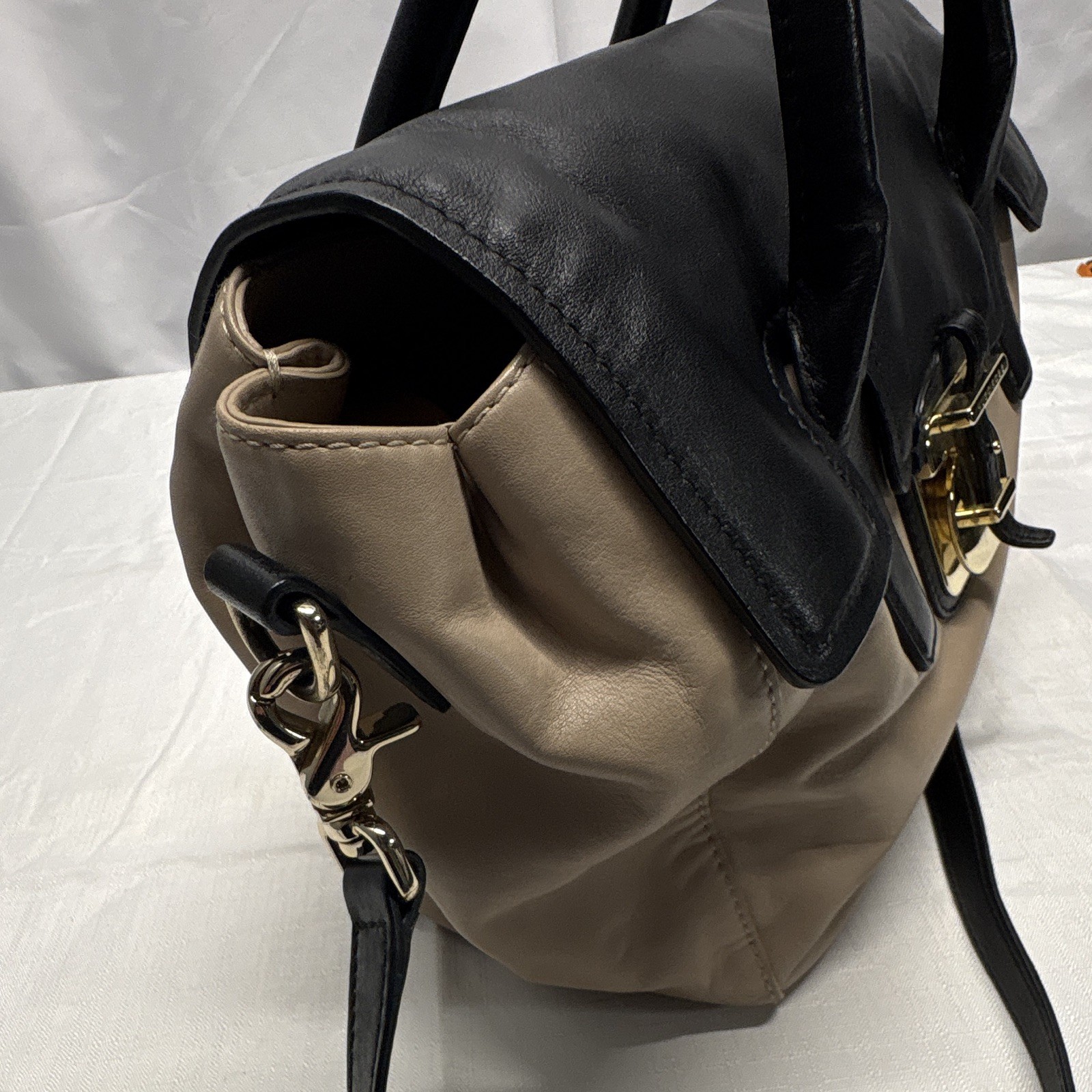 BOSS Hugo Boss Beige/Black Satchel Top Handle Detachable Strap Gold