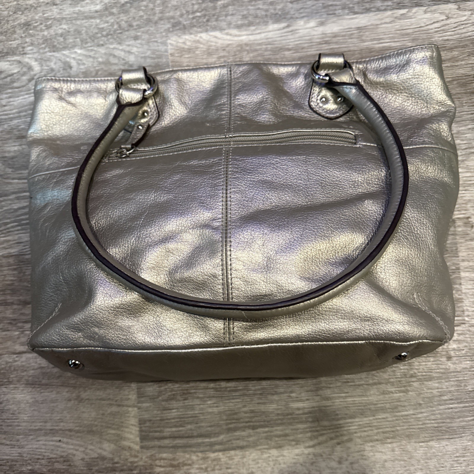 Tignanello Metallic Silver Pebble Leather Tote Shoulder Bag