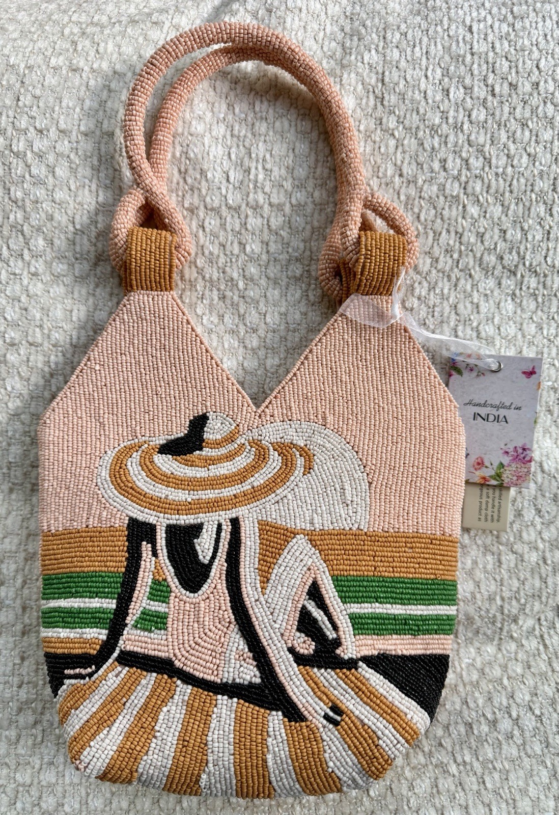 Handcrafted in India Beaded Tan Woman Beach Scene Sun Hat Viral TikTok NWT