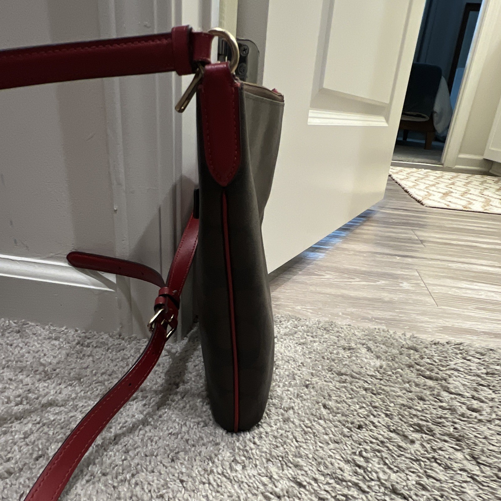 Coach Signature Brown/Burgundy Crossbody Bag Zip Closure Gold Hardware Strap