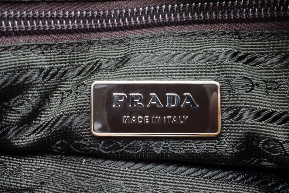 PRADA Tweed Handbag Tote Triangle Logo Plate Slim Wool Leather Brown 6714h