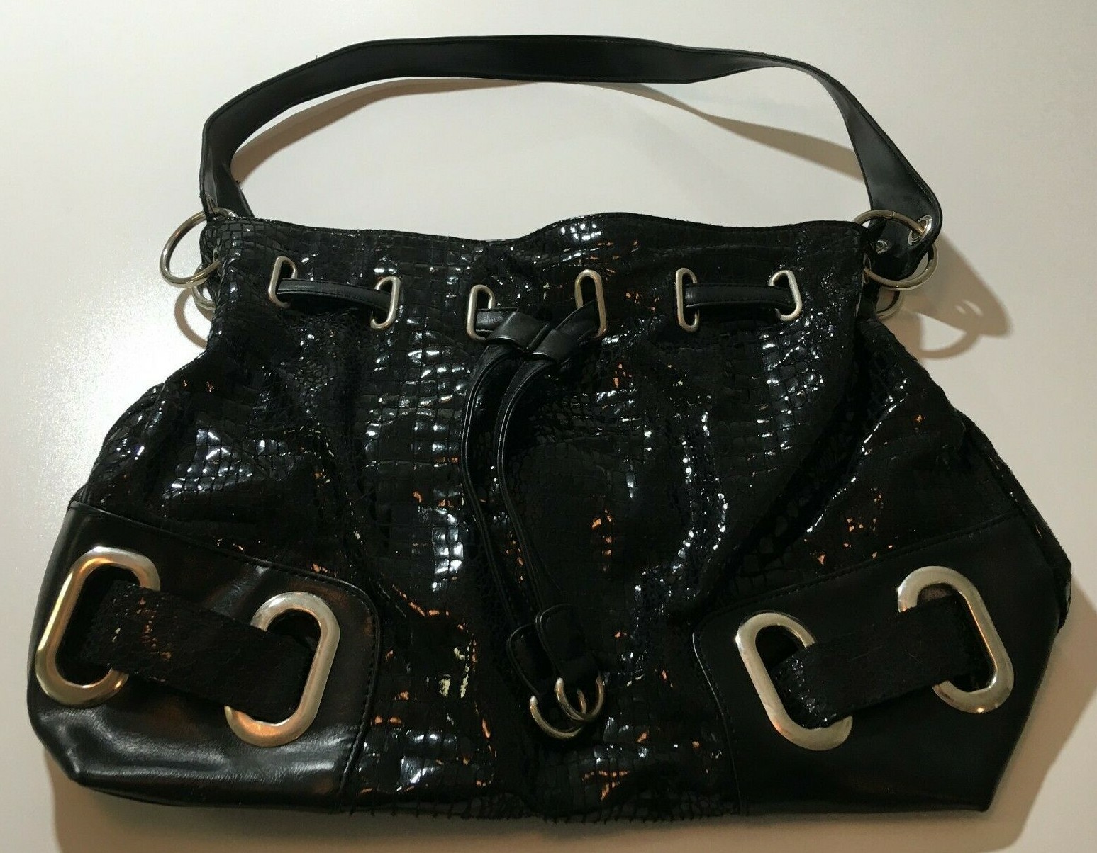 Black Faux-Croc Shoulder Bag Silver-Tone Hardware Zip Closure Wet Look