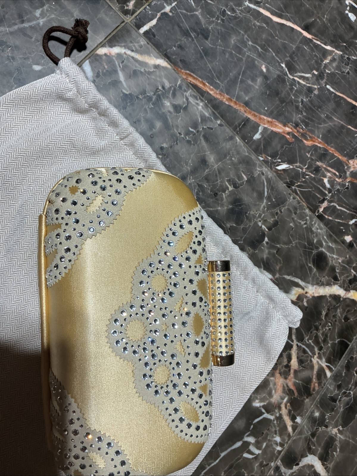 Badgley Mischka Golden Yellow Silk Rhinestone Evening Clutch Bag