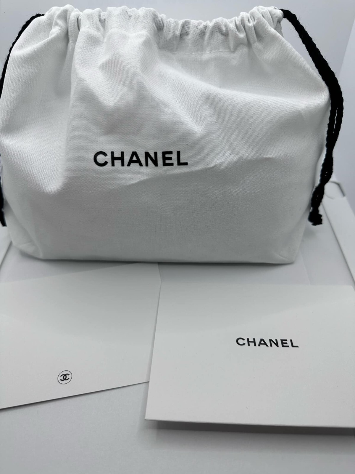 2 Chanel Drawstring White Cotton Pouch + Envelope + Note Card Travel Cosmetic