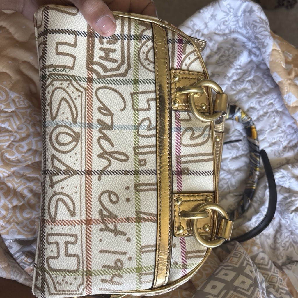 Coach Signature C Logo Small Shoulder Bag Beige, Gold Trim, Zip Turn Lock