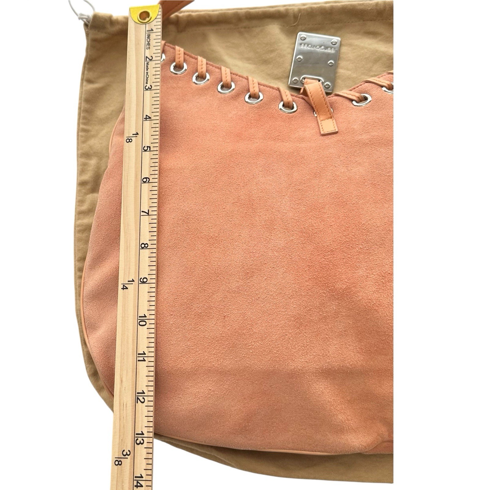 Sergio Rossi Coral Suede Hobo Bag Leather Laced Grommet Shoulder Purse Italy