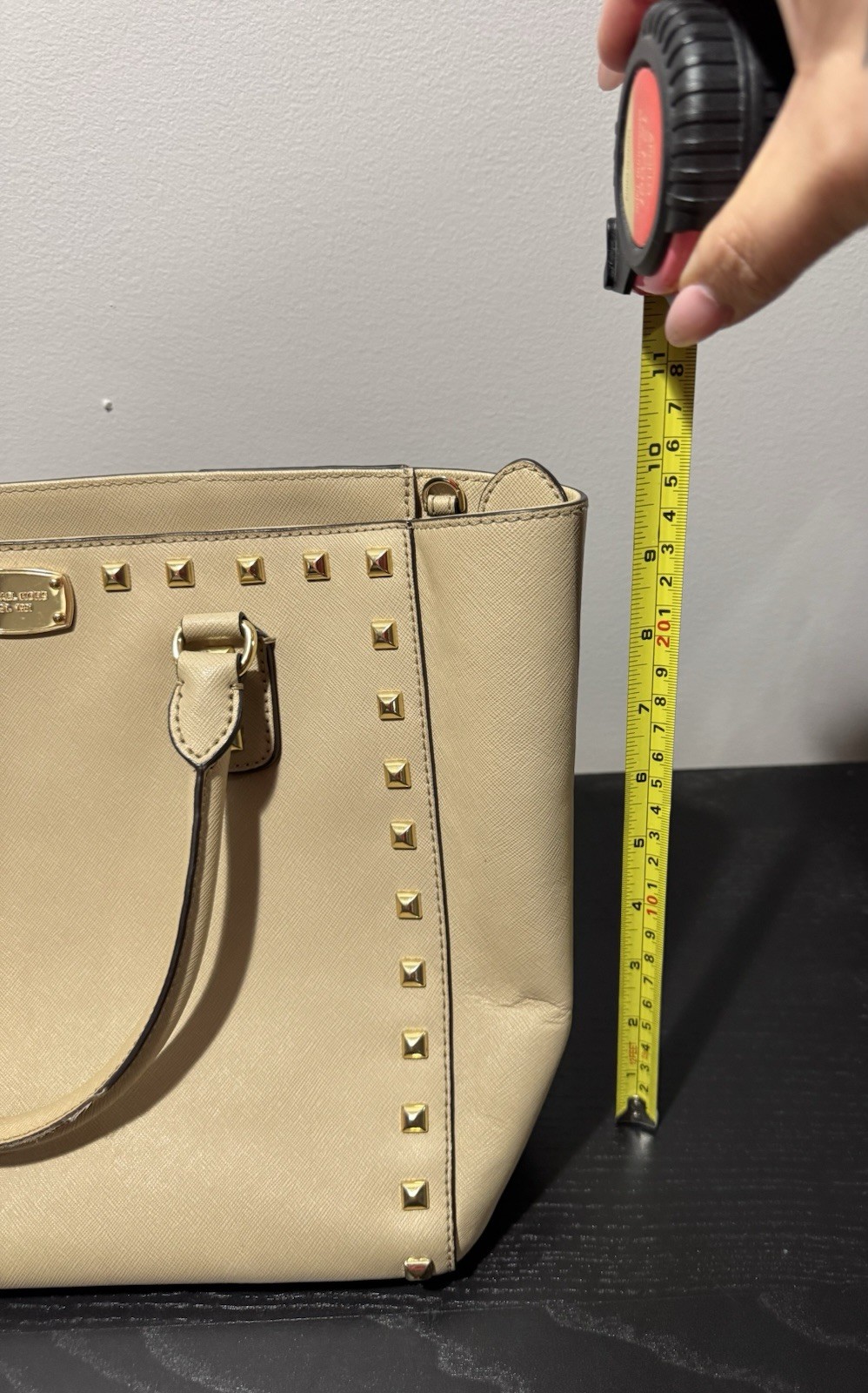 Michael Kors Beige Studded Medium Satchel Top Handle, Detachable Strap Zip