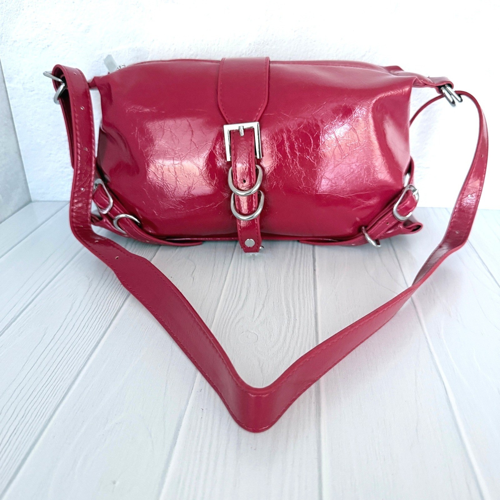 8 Other Reasons Adeline Bag Cherry Red Crinkled Patent Faux Leather Shoulder Bag
