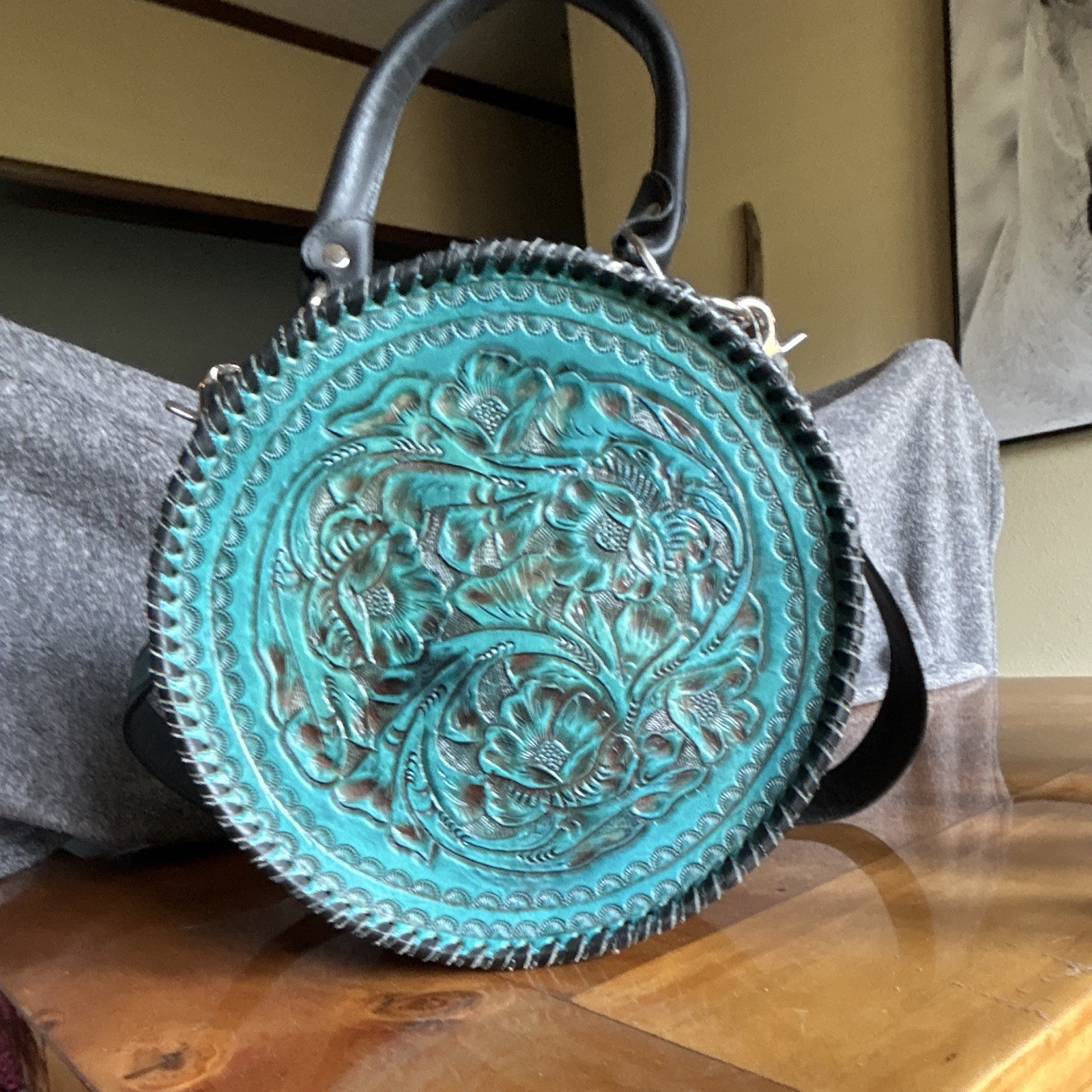 Juan Antonio Round Turquoise Western Satchel Top Handle Zip w/ Detachable Strap