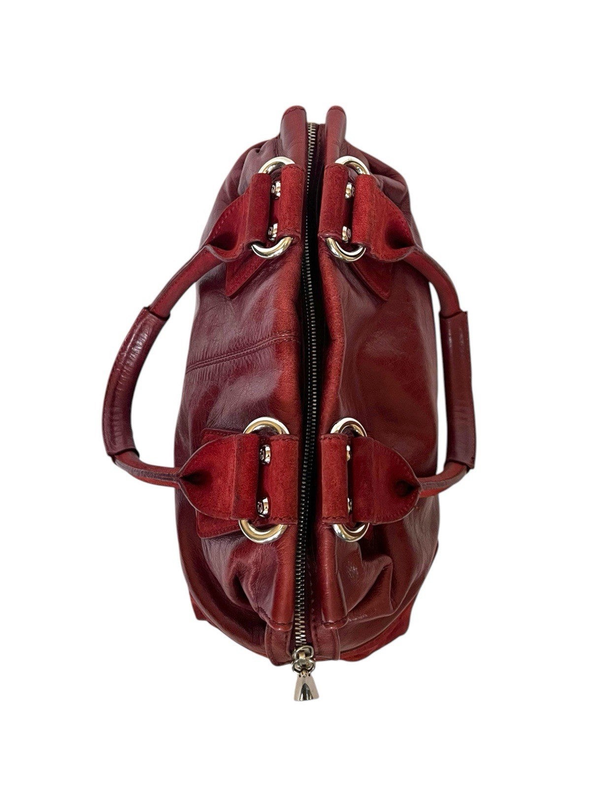Francesco Biasia Red Leather Satchel Handbag Suede Trim Shoulder Purse Italy