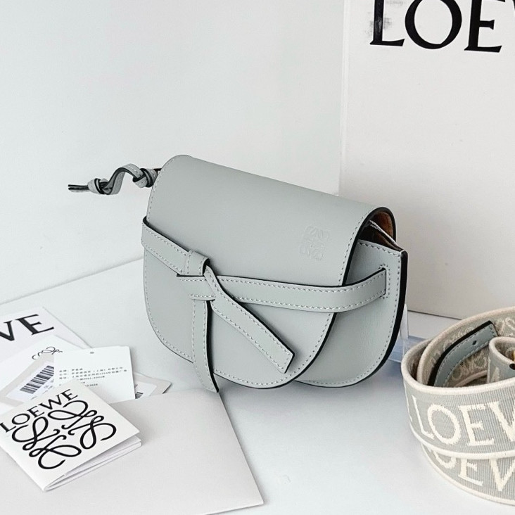 Loewe Gate Dual Mini Saddle Bag Light Gray Crossbody Shoulder Bag Gold Hardware