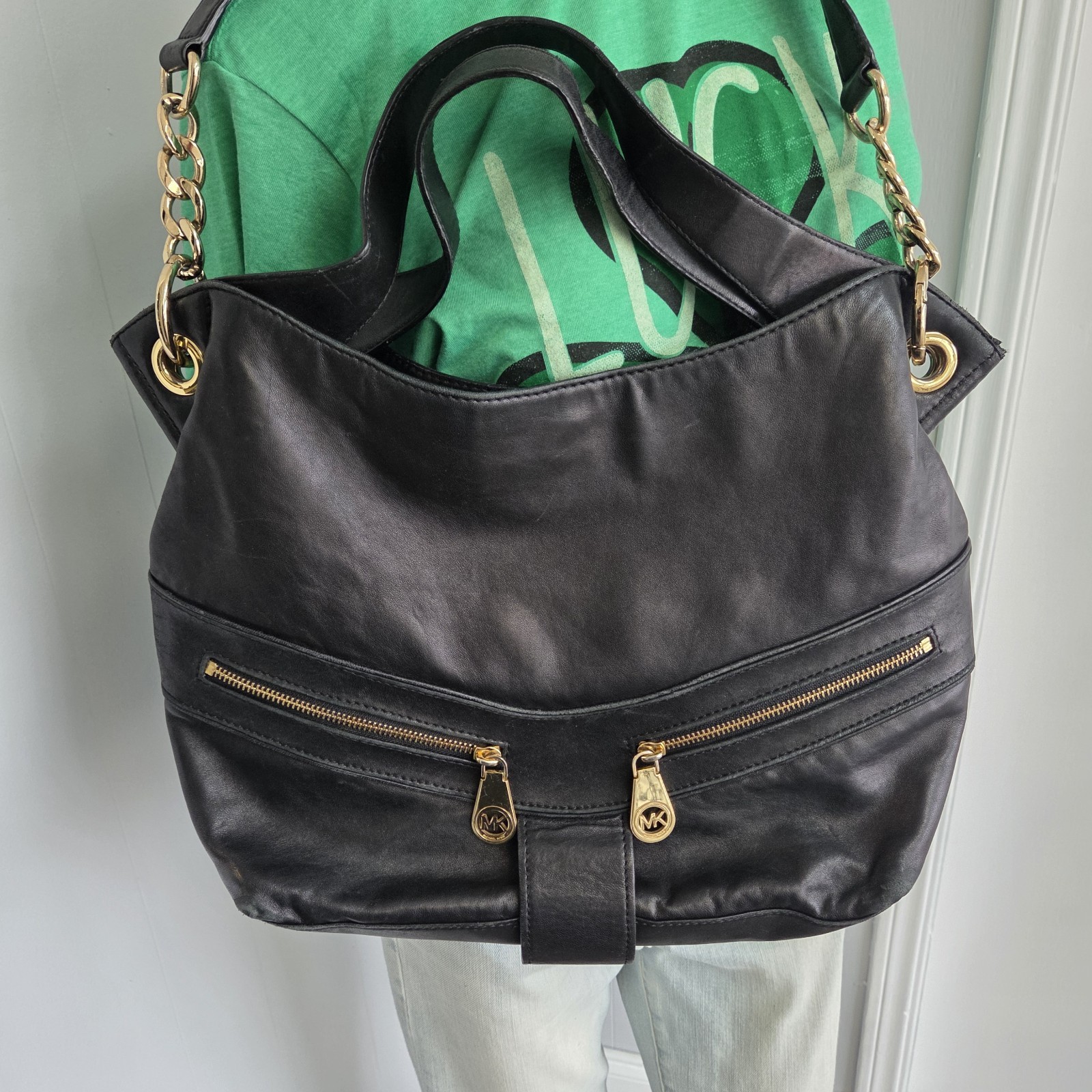 Michael Kors Jamesport Purse Black Soft Leather Shoulder Handbag +2 Handles