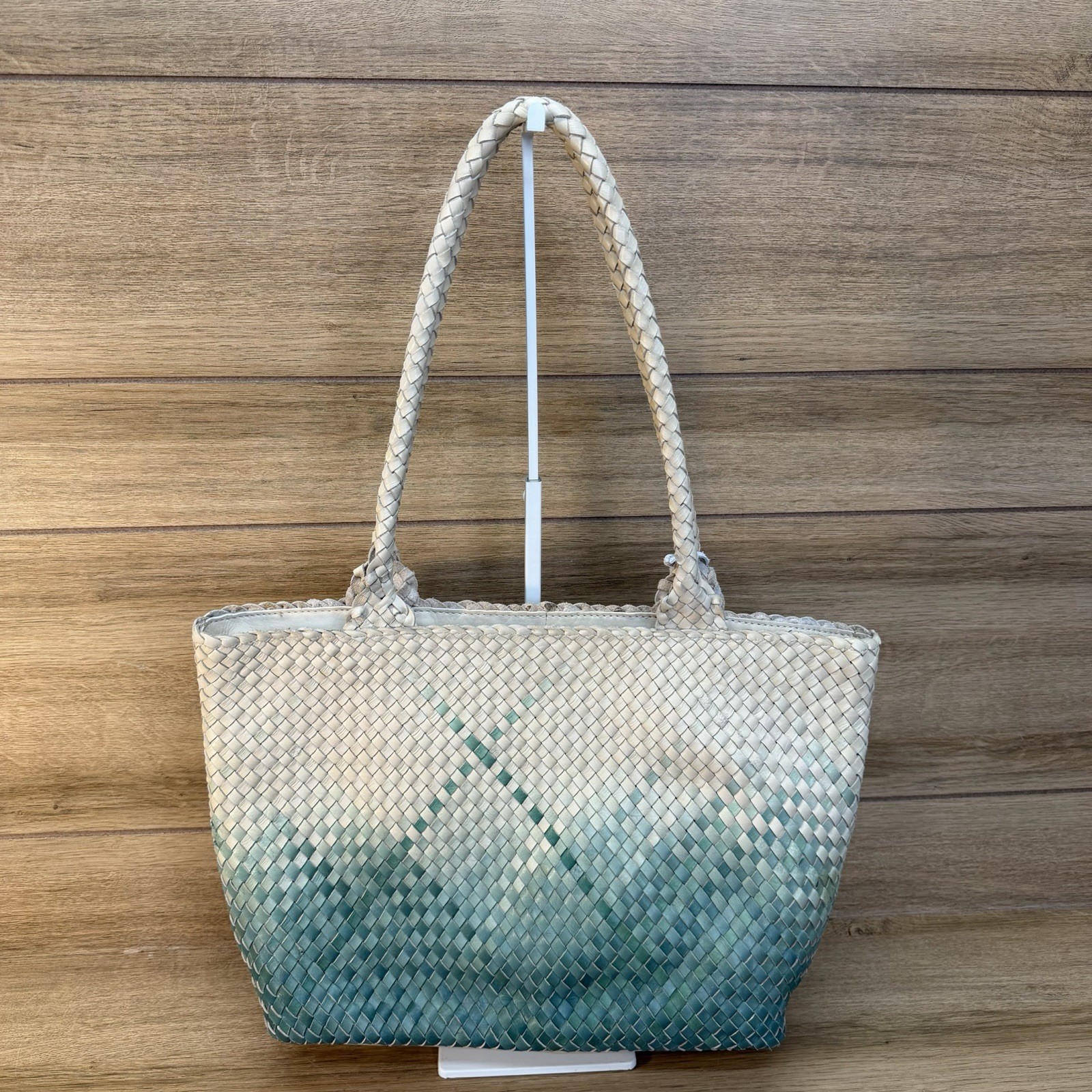 Artisans India Handcrafted Ombré Woven Leather Shoulder Tote Bag Teal Cream NWT