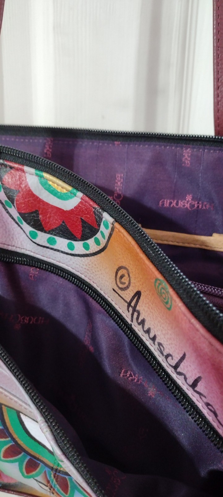 Anuschka Artsy Boho Hand Painted Leather RFID Crossbody In Wine With Elephant