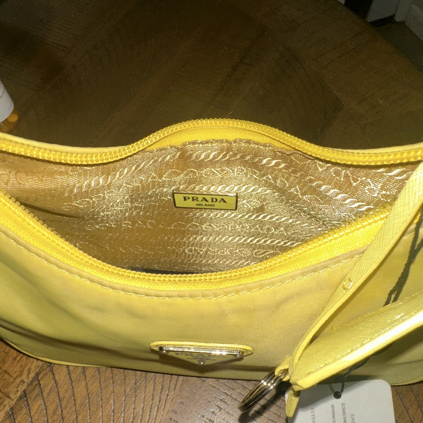 PRADA Yellow Crescent Shoulder Bag Small Zip Closure Silver Hardware Logo Card