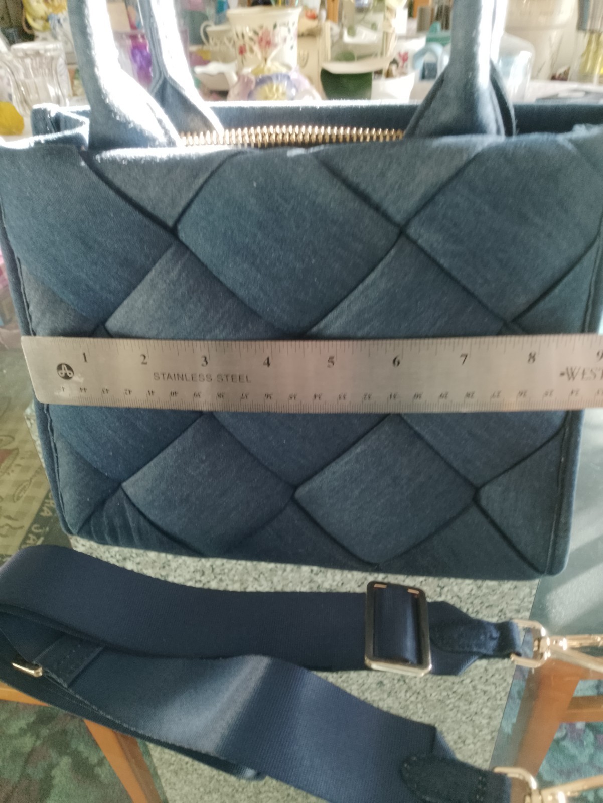 ‘A New Day’ Small Denim Purse 12″x 9 1/2″ w/ Top Zip & Shoulder Strap NEW