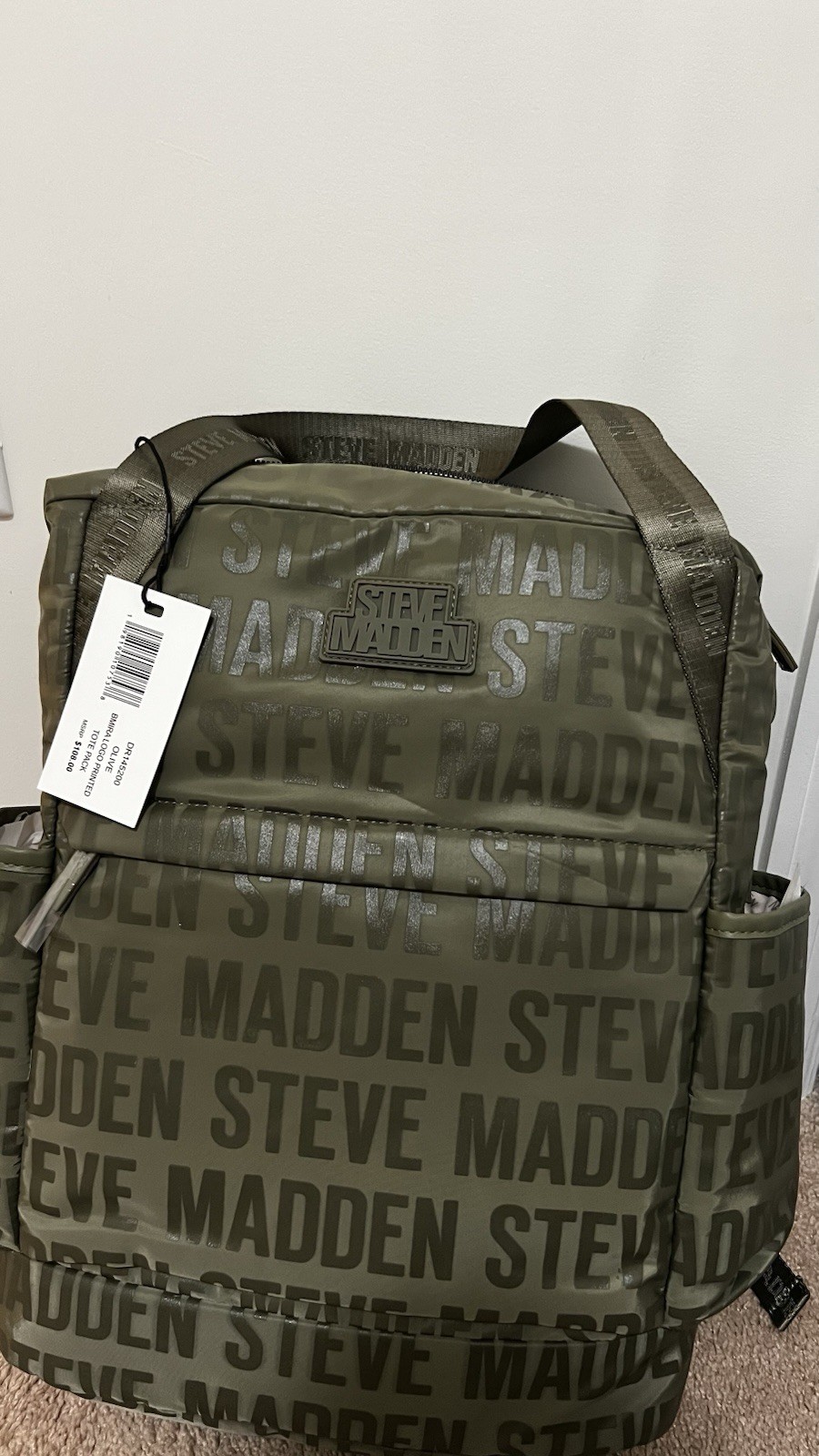 Steve Madden-Logo-Olive Green/Black Medium Backpack-Multiple Zippered Pockets