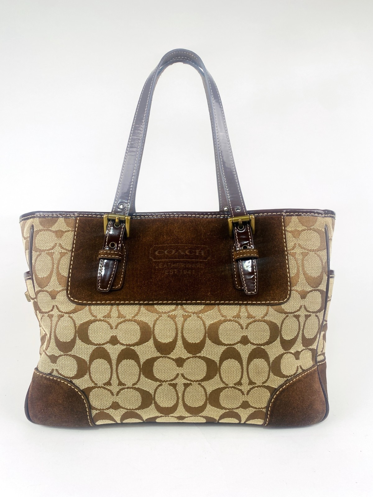 Vintage COACH Hamptons Signature C Canvas Suede Hobo Tote Bag Brown Khaki 1443