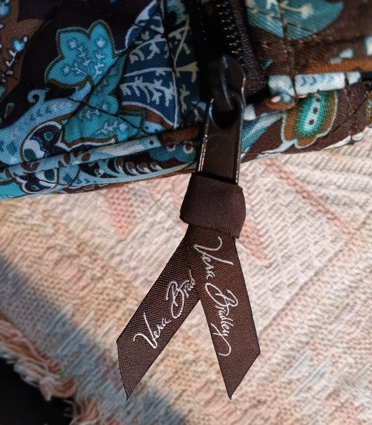 Vera Bradley Knot Just A Clutch, Brown And Aqua magnetic and zip closures
