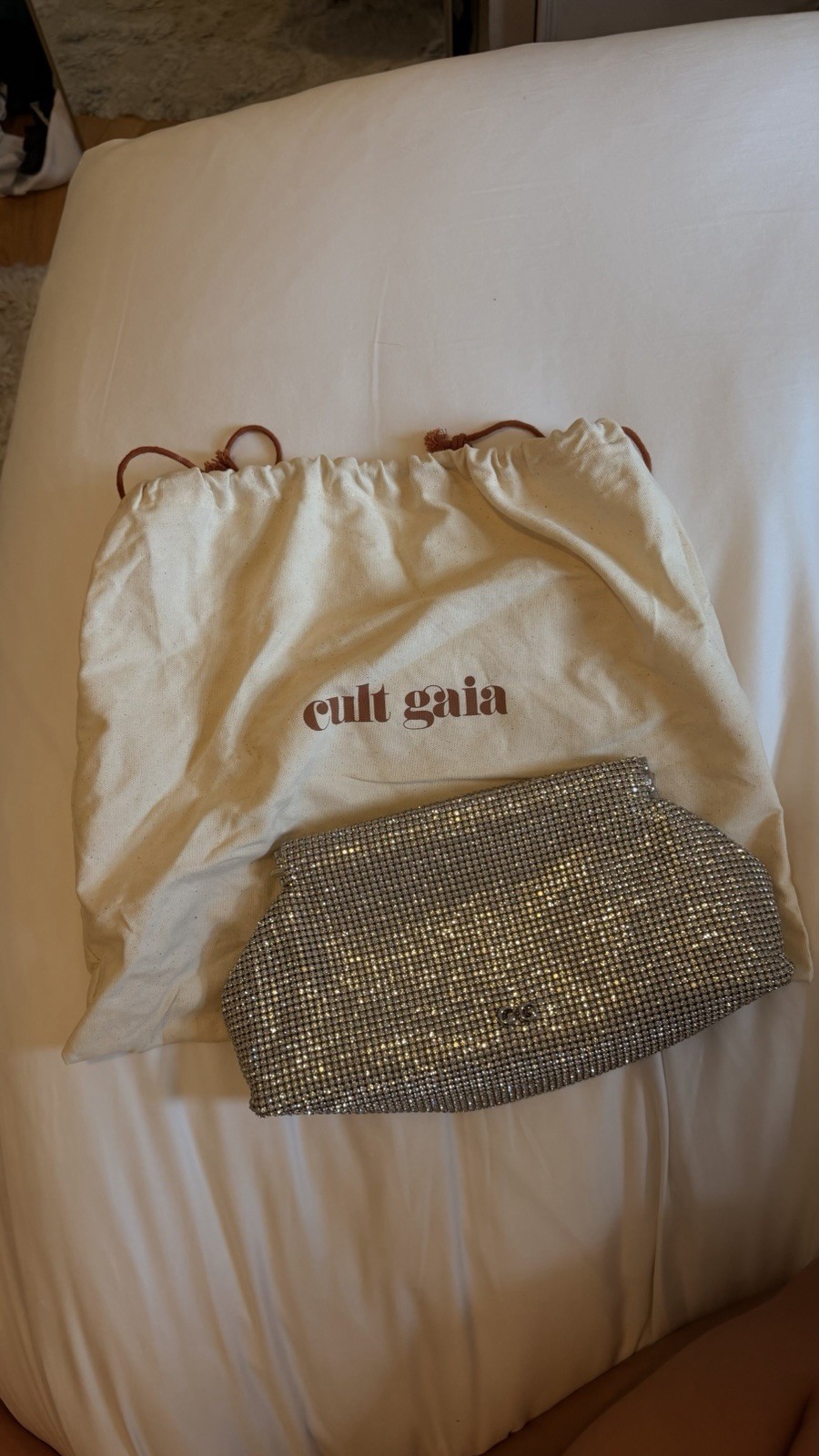Cult Gaia Silver Rhinestone Beaded Clutch with Clasp Closure & Dust Bag