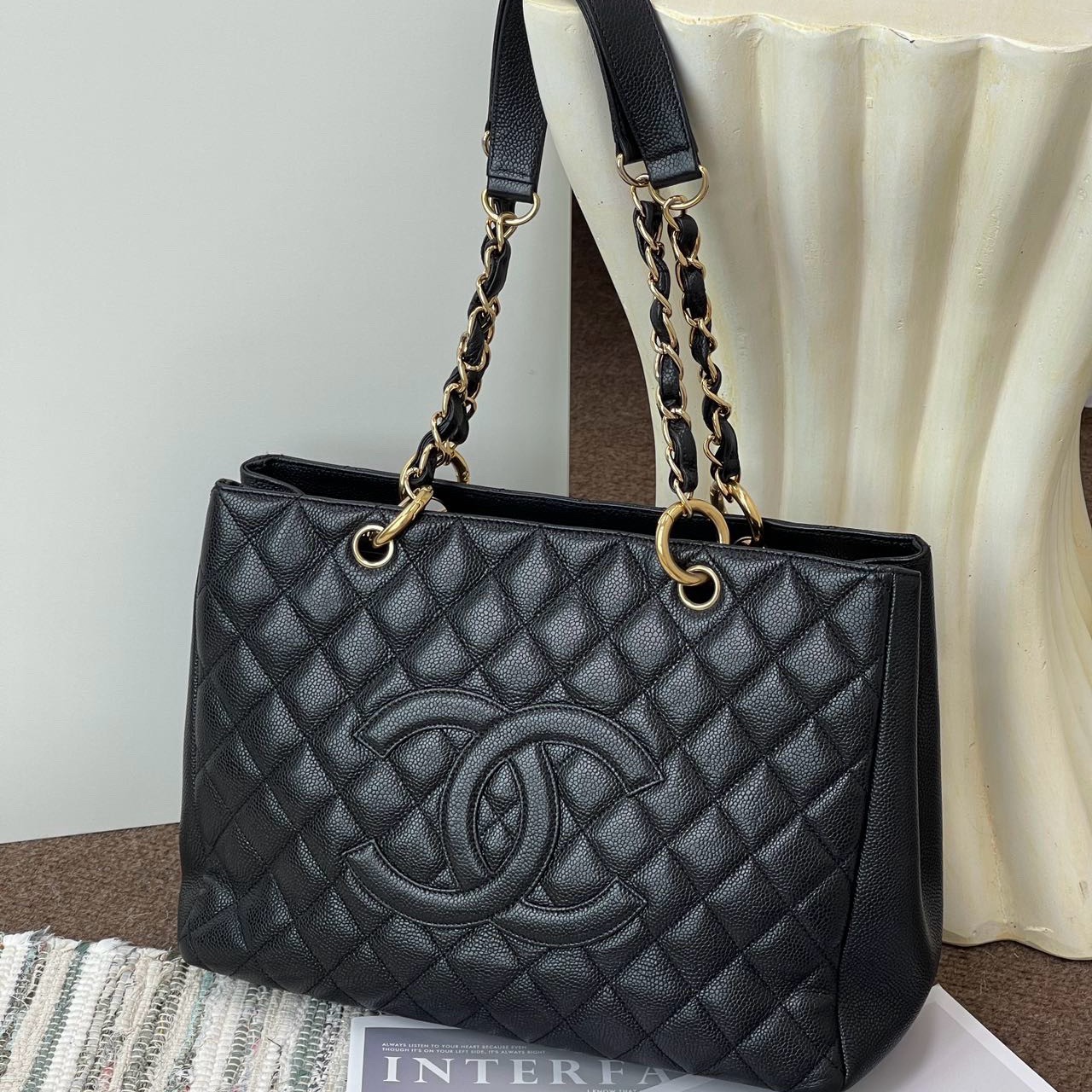 Chanel GST Grand Shopping Tote Black Caviar Leather Chain Shoulder Bag