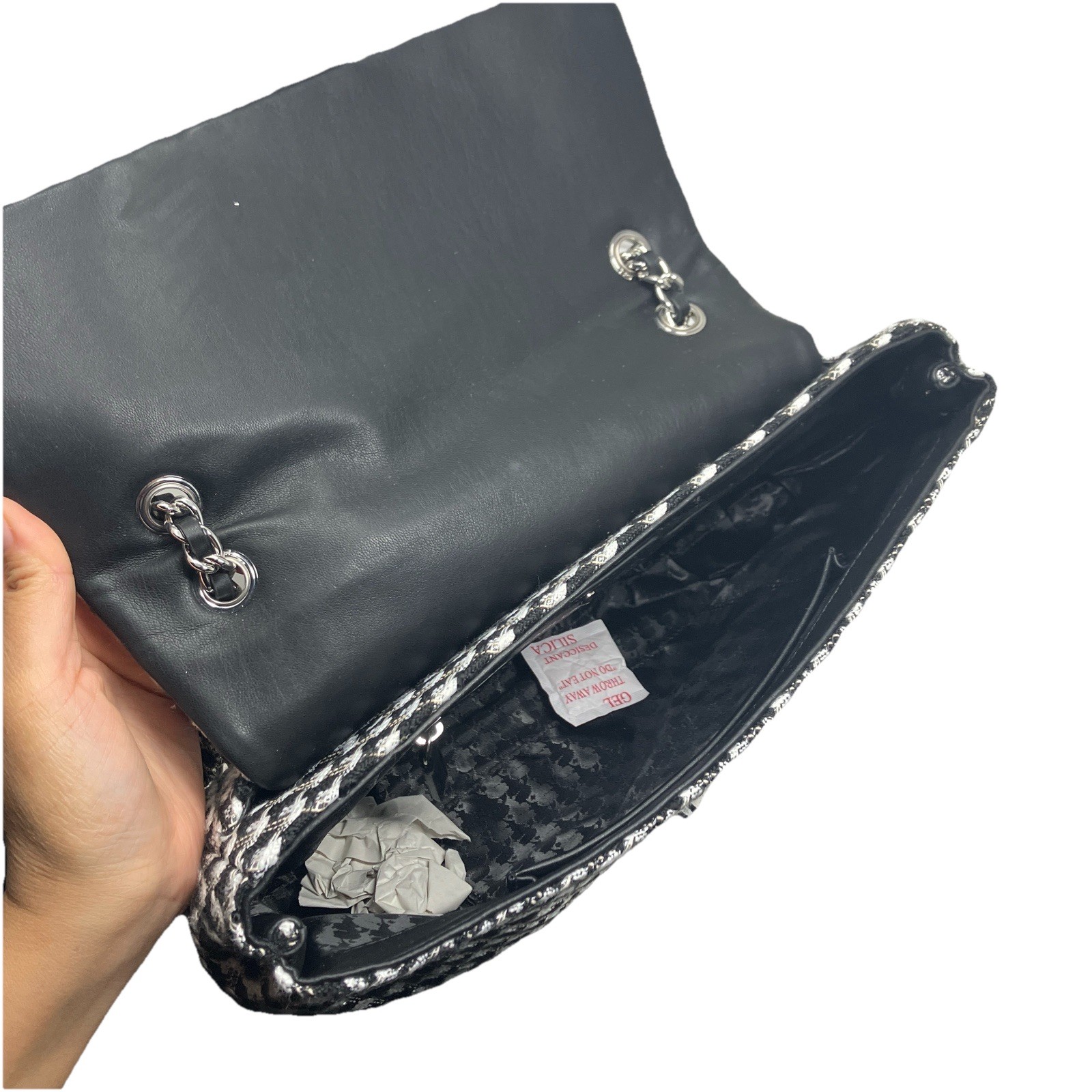Karl Lagerfeld Paris Tweed Shoulder Bag Womens Black White Chain Flap Spring