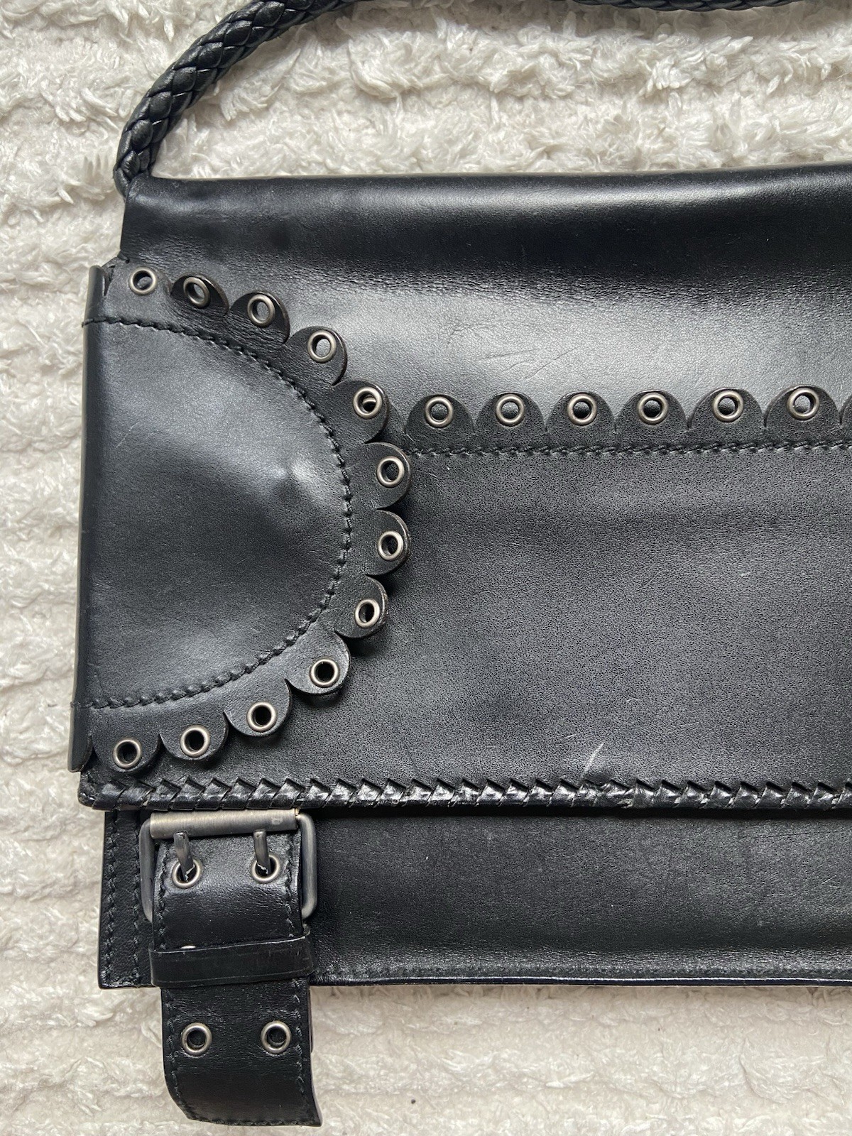 Vintage YSL Tom Ford 2001 Rive Gauche Black Leather Grommet Shoulder Flap Bag