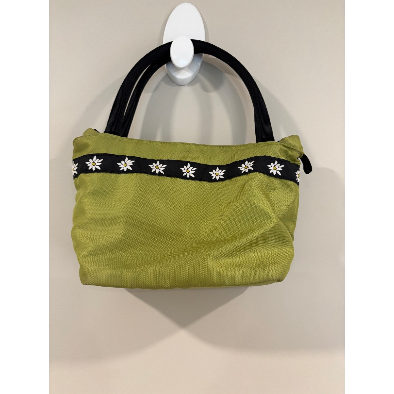Pinot Handbag Olive Green Daisy Floral Trim Nylon Mini Tote Bag