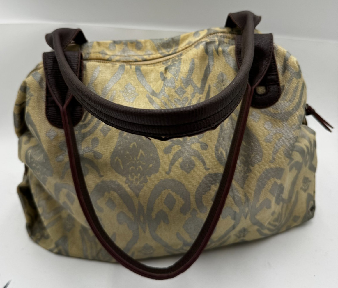 Stella & Dot Womens Handbag Beige Gray Ikat Print Pockets Double Handle Tote Bag
