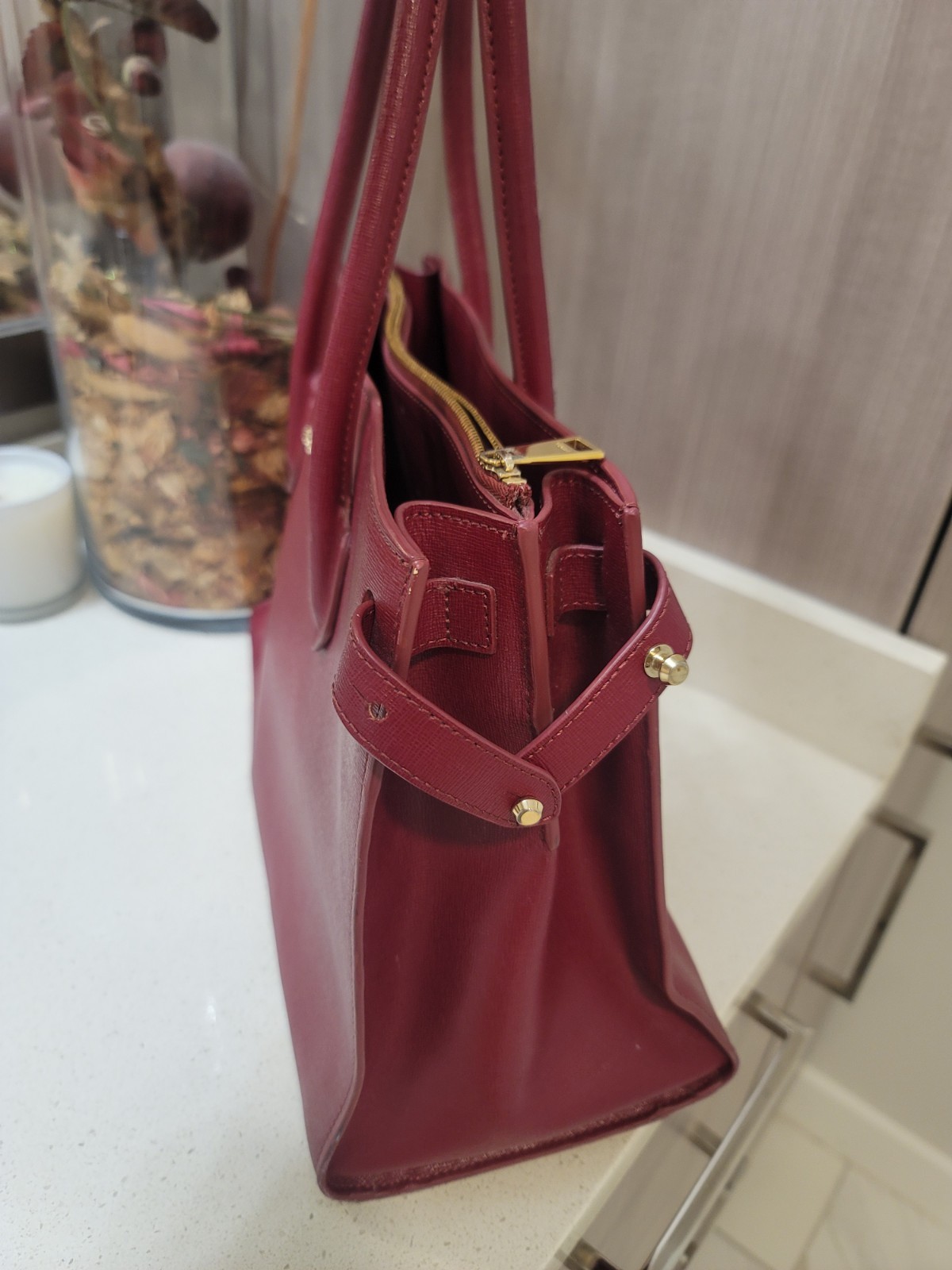 Furla Pin Leather Top-Handle Satchel Handbag Dark Red/Crimson