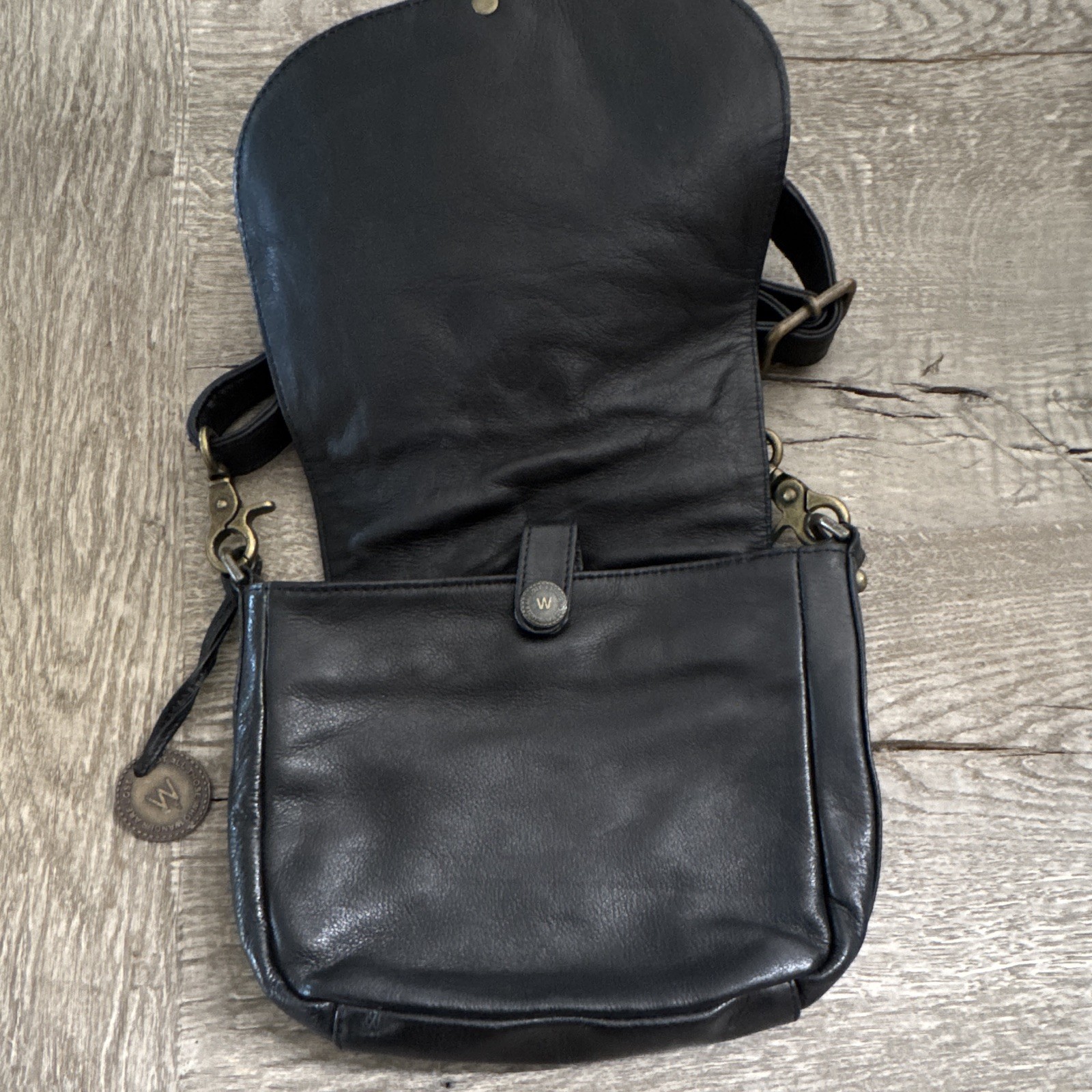 Wanderers Black Small Crossbody Bag Magnetic Closure Bronze Hardware
