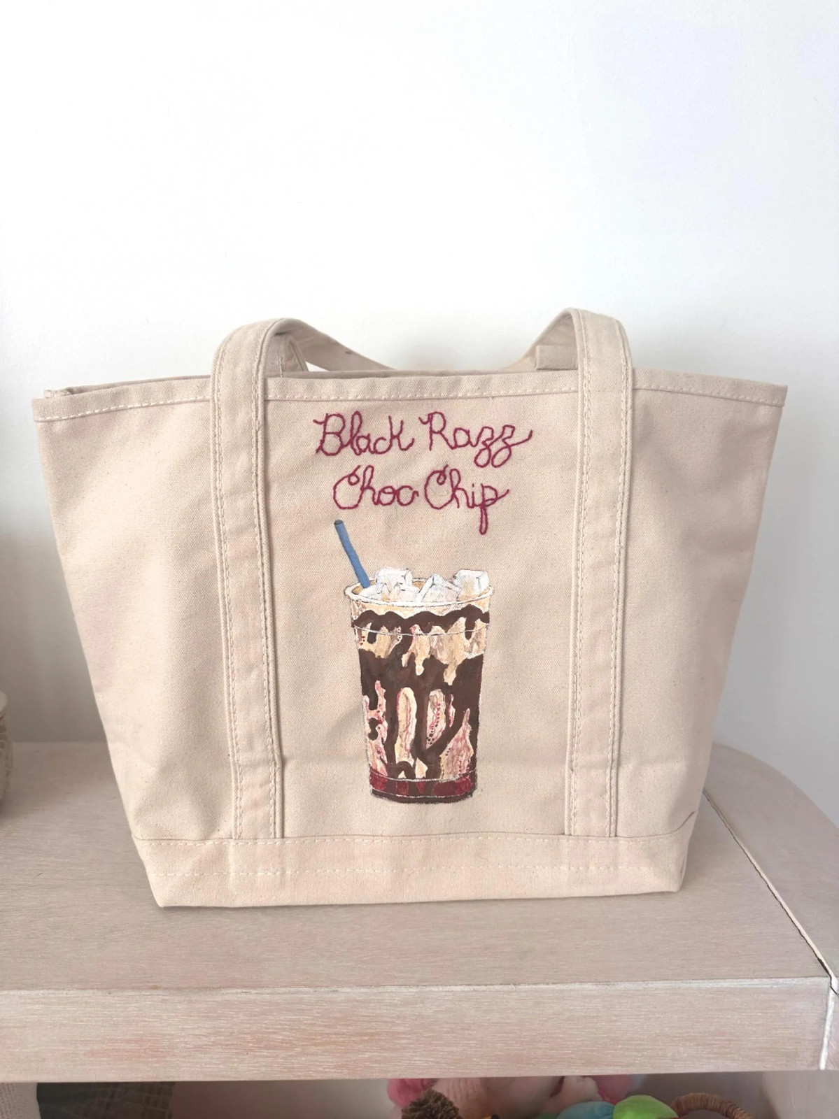 Hand-painted Hand-Embroidered Medium Canvas Boat Tote Bag Nitro Bar Iced Latte