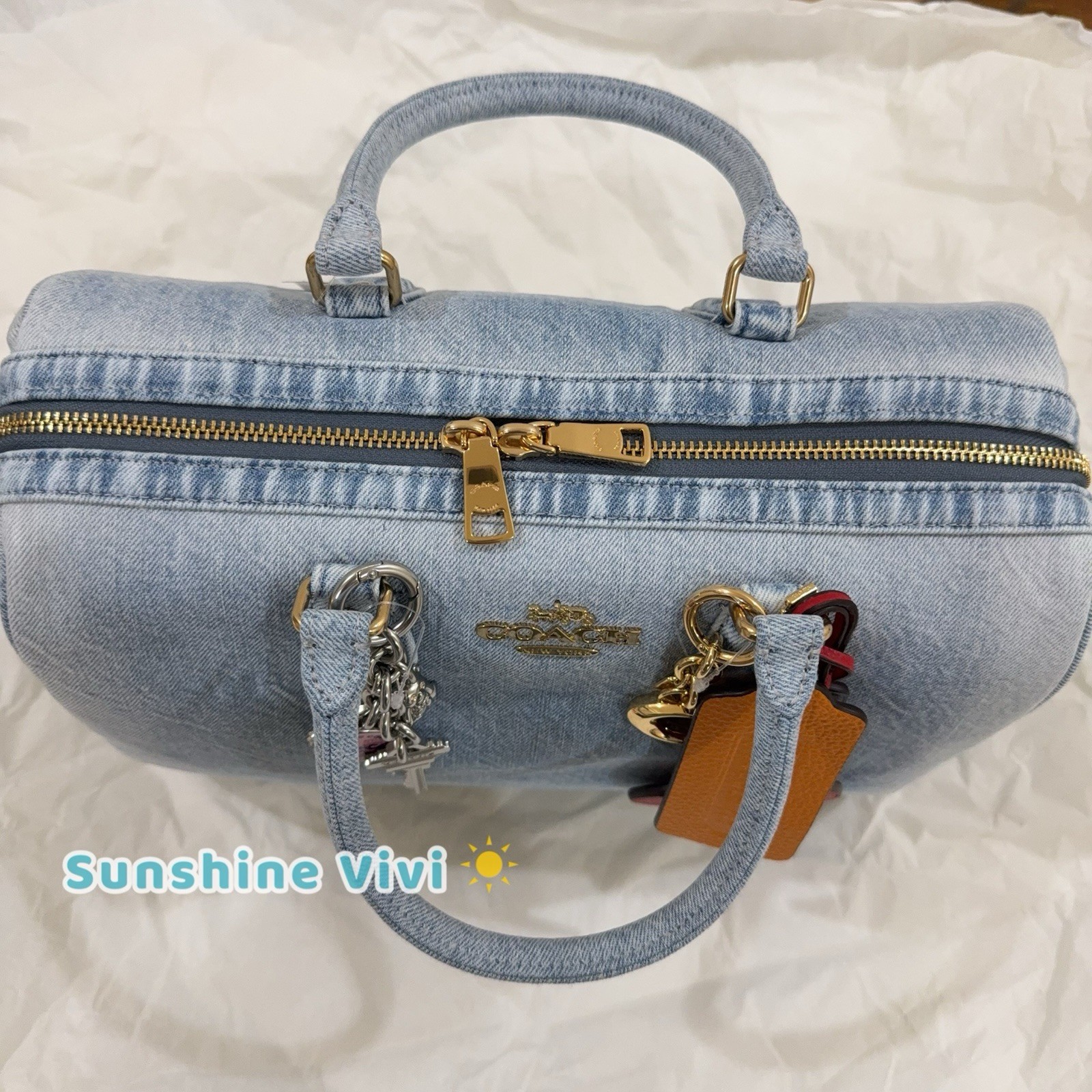 NWT Coach Large Rowan Satchel Bag in Loved Denim With Charms CDY75