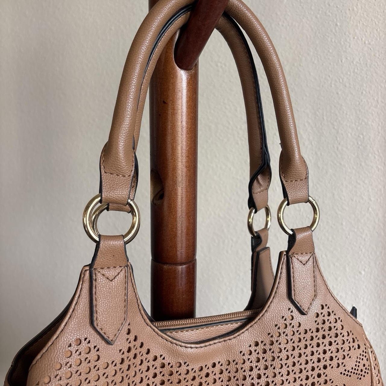 SevenDays Tan Perforated Satchel Top Handle Zip Bag w/ Detachable Strap