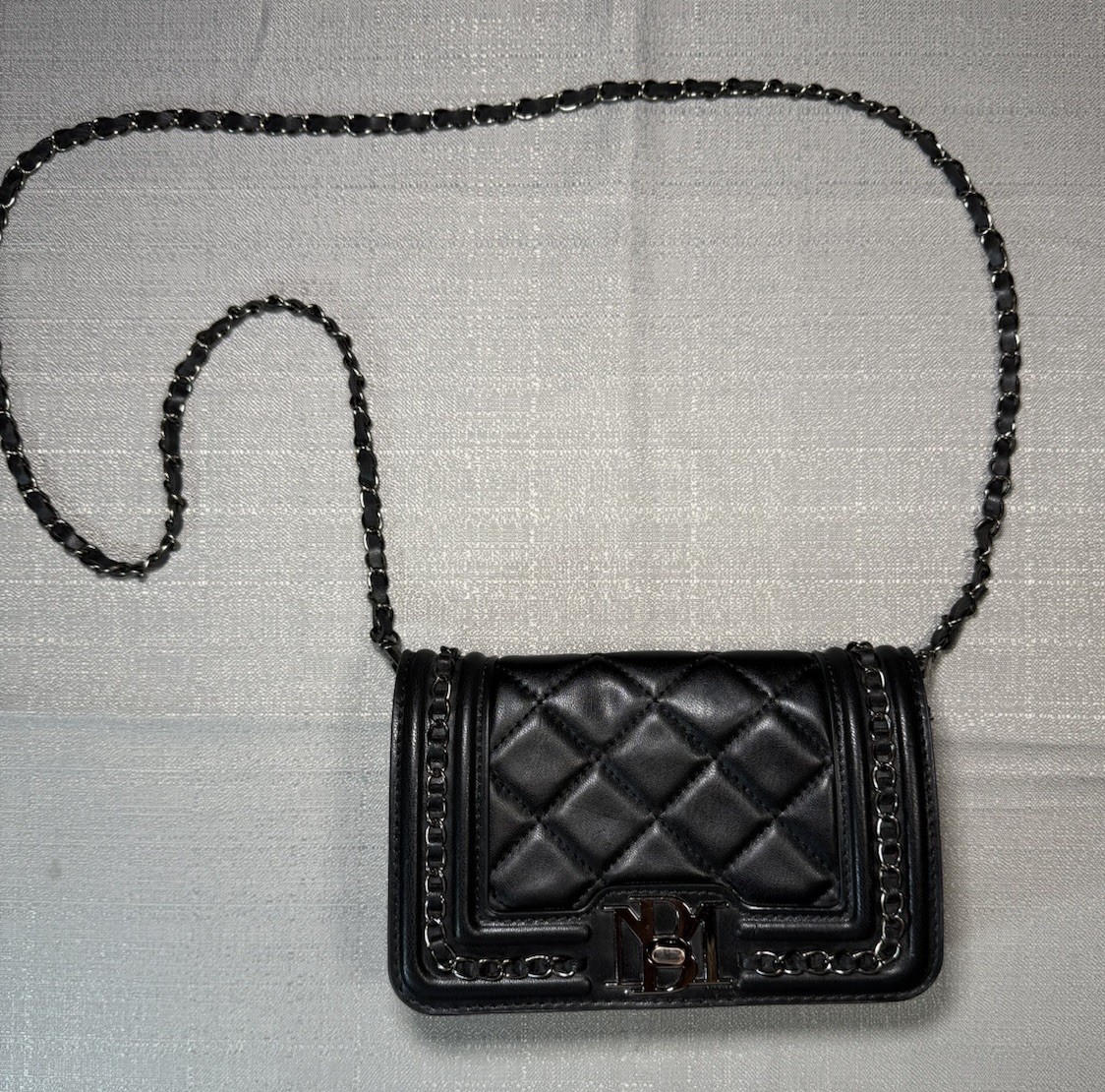 Badgley Mischka Black Quilted Shoulder Bag Chain Strap Logo Accent