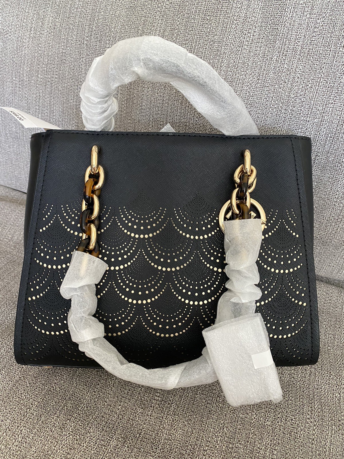 Michael Kors SOFIA Saffiano Leather Black Gold Chain Bag Tote Medium 35F8GO5T6L