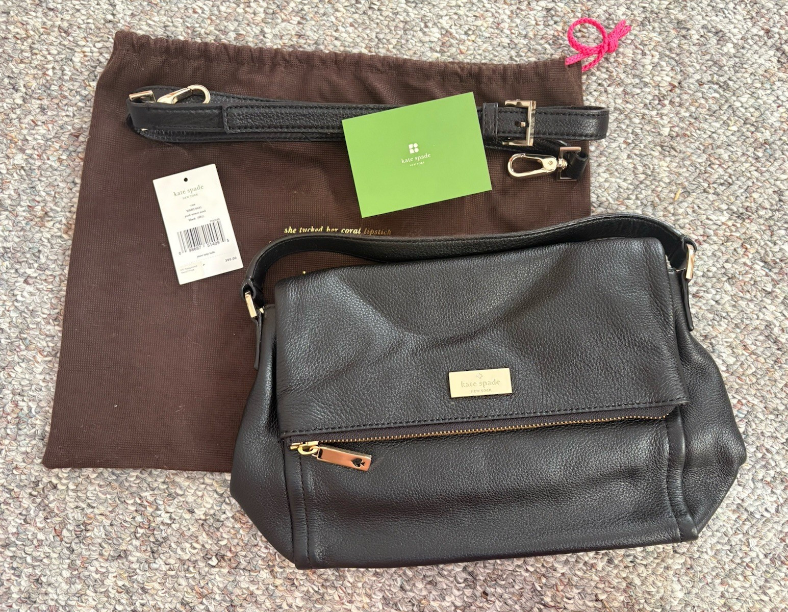 Kate Spade New York Medium Black Pebbled Shoulder Bag Strap Dust Bag Pink