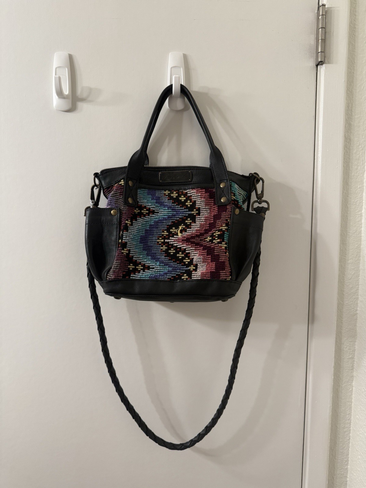 Nena & Co Small Satchel Geometric Multicolor/Black Zip, Adjustable Strap
