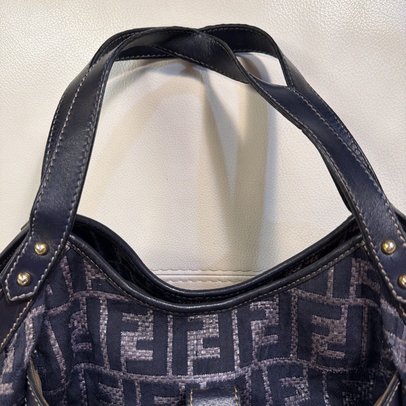 FENDI Zucca Navy Beach Tote Raffia And Leather Bag