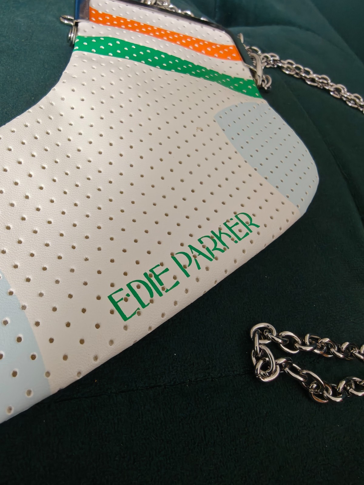 Edie Parker sock clutch with cross body chain. Vegan leather brand new