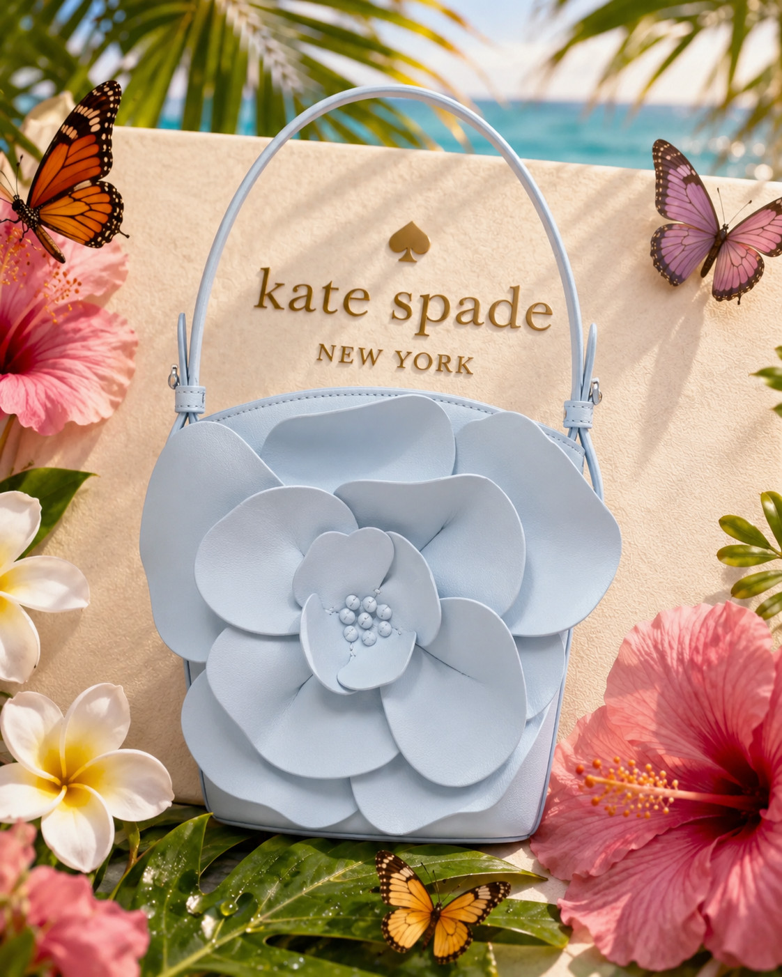 NWT Kate Spade Novelty Flora Bucket Bag pale Sapphire Blue